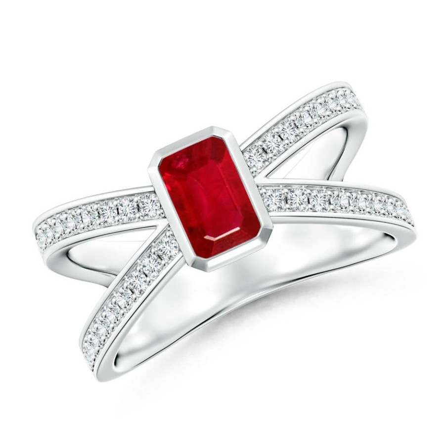 Rings Angara Ruby | Emerald-Cut Ruby Criss Cross Solitaire Ring