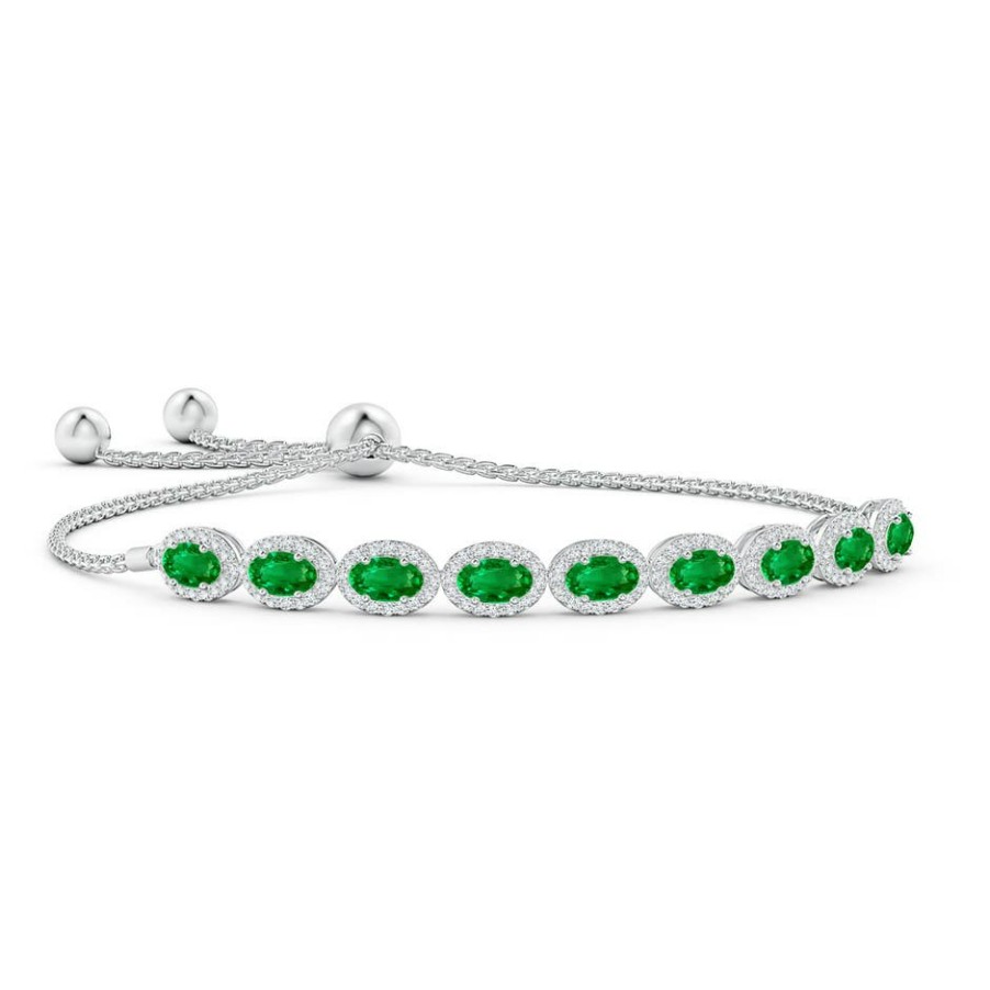 Bracelets Angara Emerald | Oval Emerald Bolo Bracelet With Diamond Halo