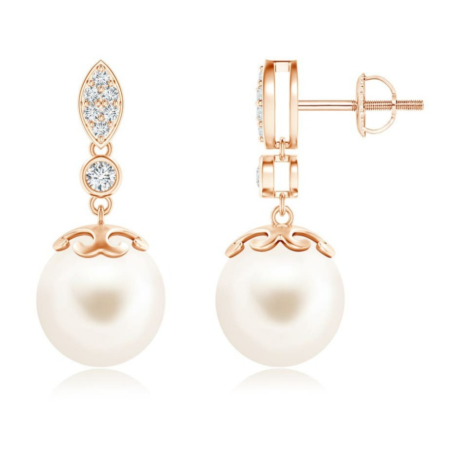 Earrings Angara Freshwater Pearl | Freshwater Pearl Earrings With Diamond Leaf Motif