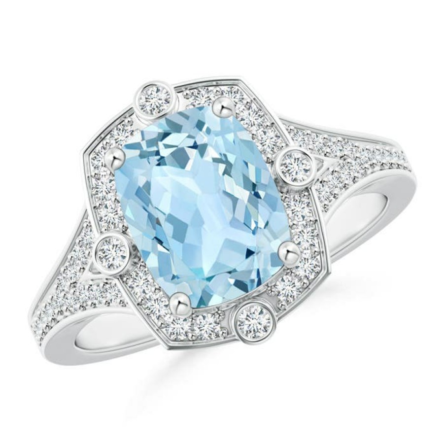 Rings Angara Aquamarine | Art Deco Inspired Cushion Aquamarine Ring With Diamond Halo