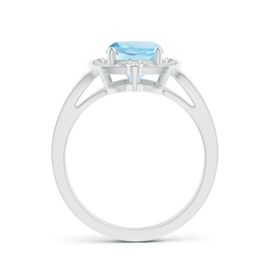 Rings Angara Aquamarine | Art Deco Inspired Cushion Aquamarine Ring With Diamond Halo