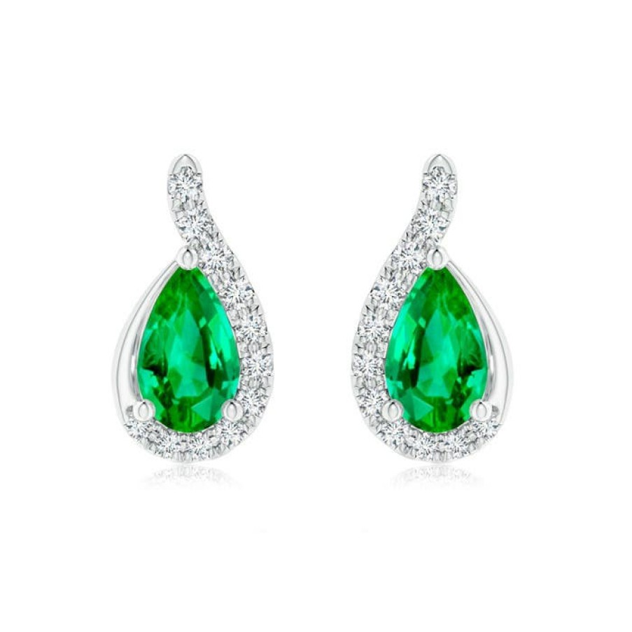 Earrings Angara Emerald | Pear Emerald Earrings With Diamond Swirl Frame