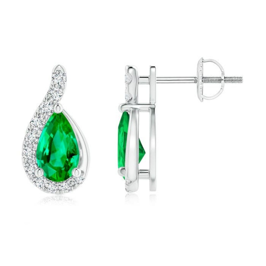 Earrings Angara Emerald | Pear Emerald Earrings With Diamond Swirl Frame