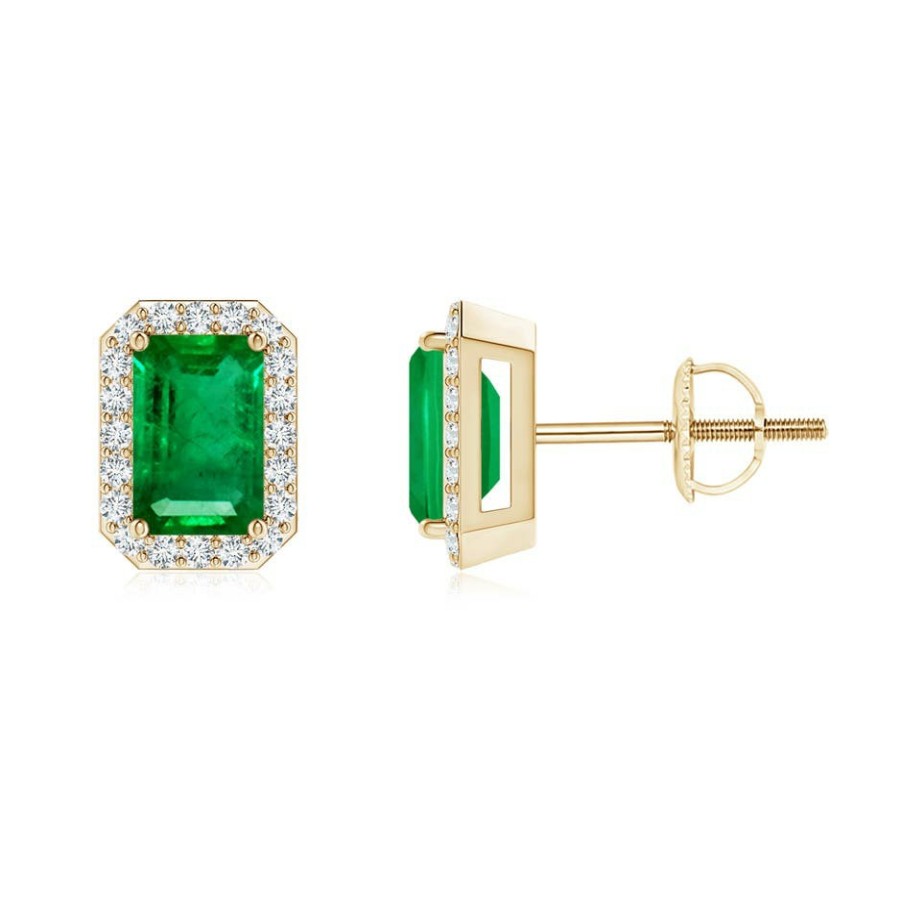 Earrings Angara Emerald | Emerald-Cut Emerald Stud Earrings With Diamond Halo