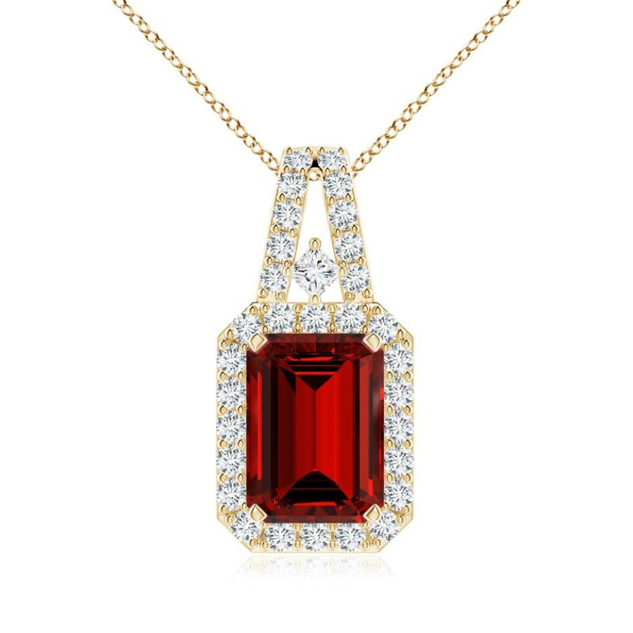 Necklaces Angara Ruby | Lab-Grown Emerald-Cut Ruby Halo Pendant