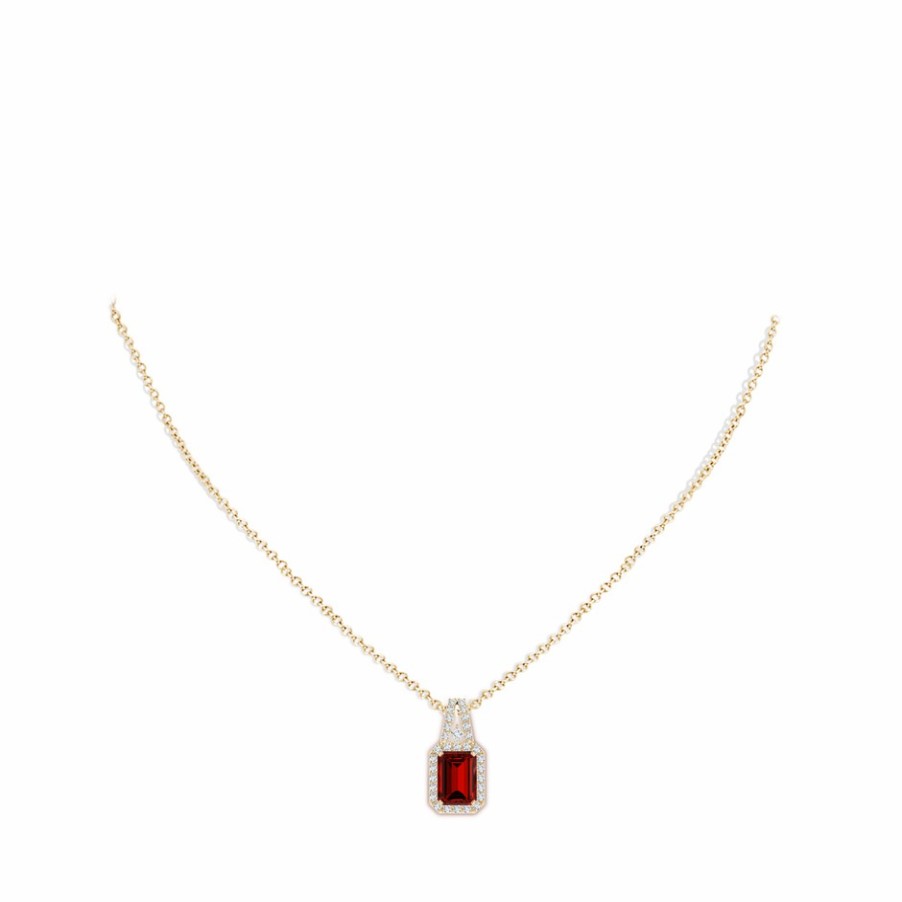 Necklaces Angara Ruby | Lab-Grown Emerald-Cut Ruby Halo Pendant