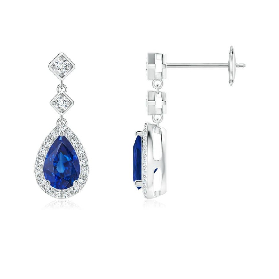 Earrings Angara Blue Sapphire | Pear Blue Sapphire Drop Earrings With Diamond Halo