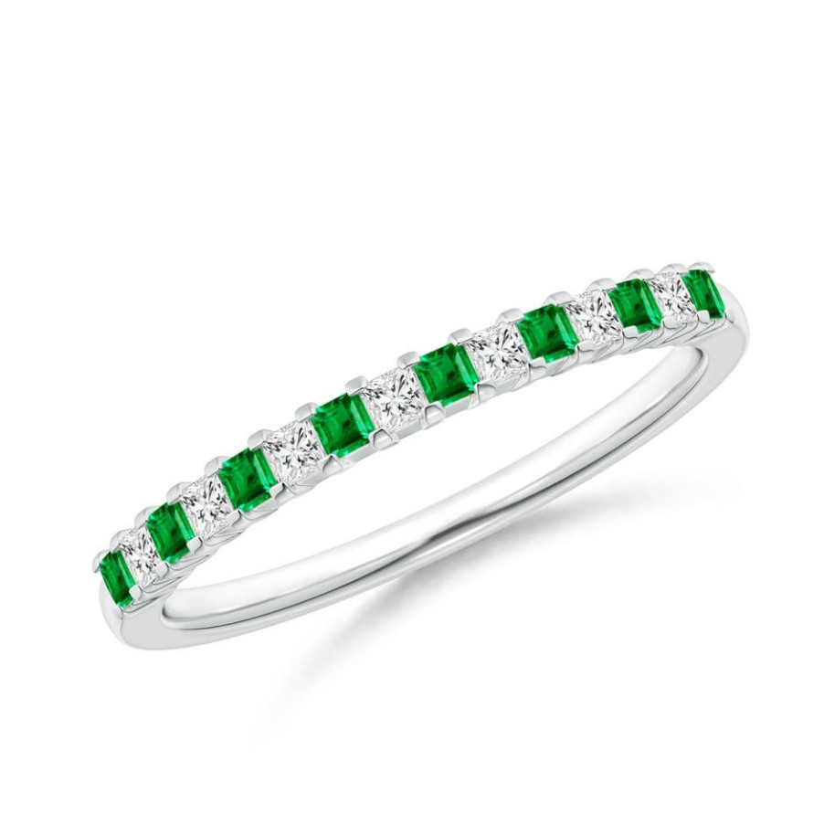 Rings Angara Emerald | Square Emerald And Princess Diamond Semi Eternity Classic Wedding Ring