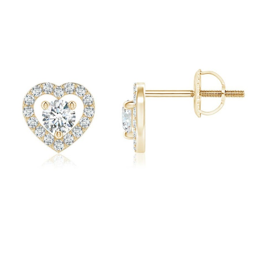 Earrings Angara Diamond | Solitaire Diamond Open Heart Studs With Accents