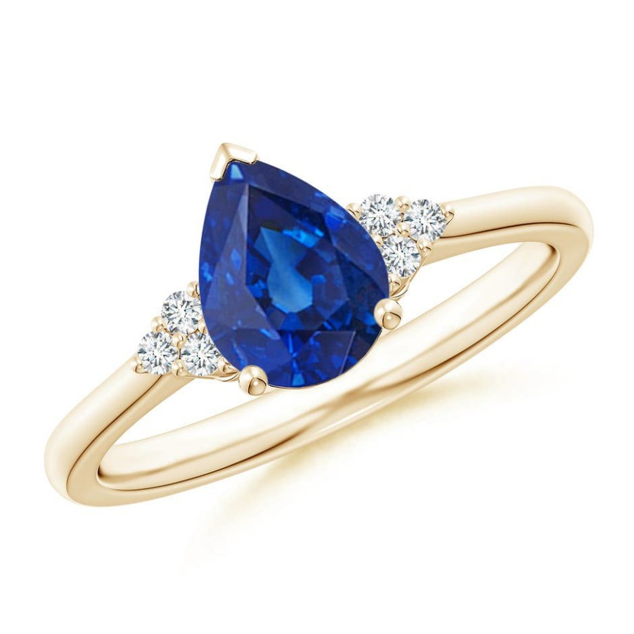 Rings Angara Blue Sapphire | Pear Sapphire Solitaire Ring With Trio Diamond Accents