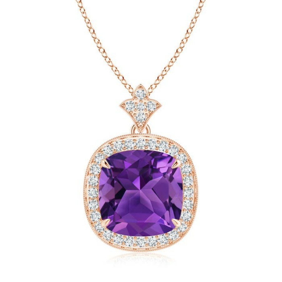 Necklaces Angara Amethyst | Vintage Inspired Cushion Amethyst Halo Pendant