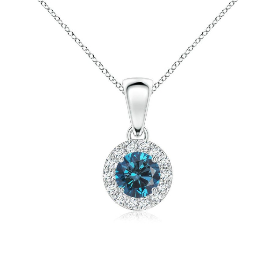 Necklaces Angara Enhanced Blue | Round Blue And White Diamond Halo Pendant