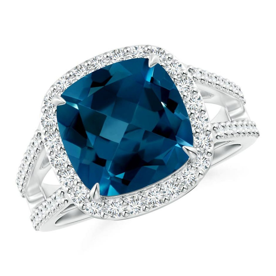 Rings Angara London Blue Topaz | Cushion London Blue Topaz Split Shank Ring With Diamond Halo