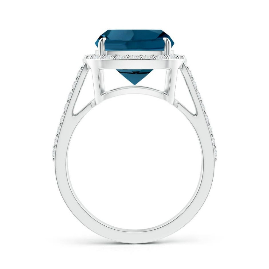 Rings Angara London Blue Topaz | Cushion London Blue Topaz Split Shank Ring With Diamond Halo