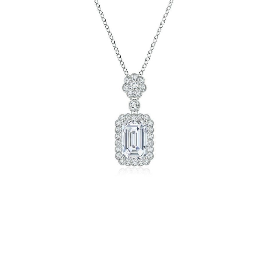 Necklaces Angara Diamond | Lab-Grown Emerald-Cut Diamond Pendant With Floral Bale