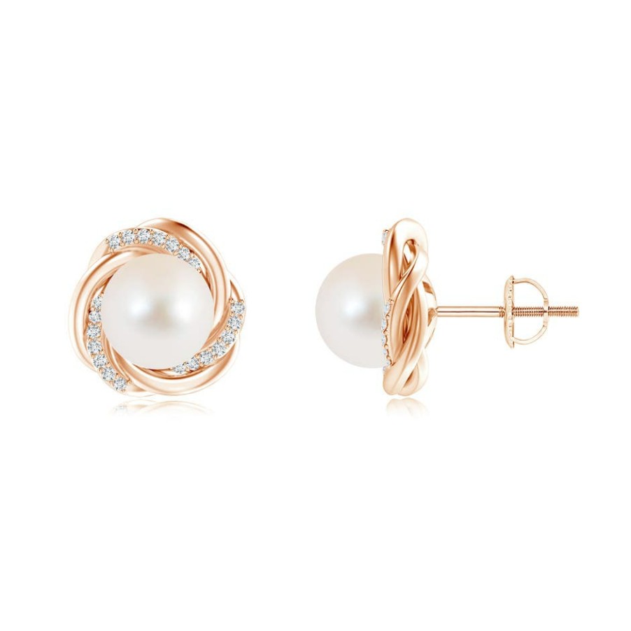 Earrings Angara Freshwater Pearl | Freshwater Pearl Knot Earrings With Diamonds