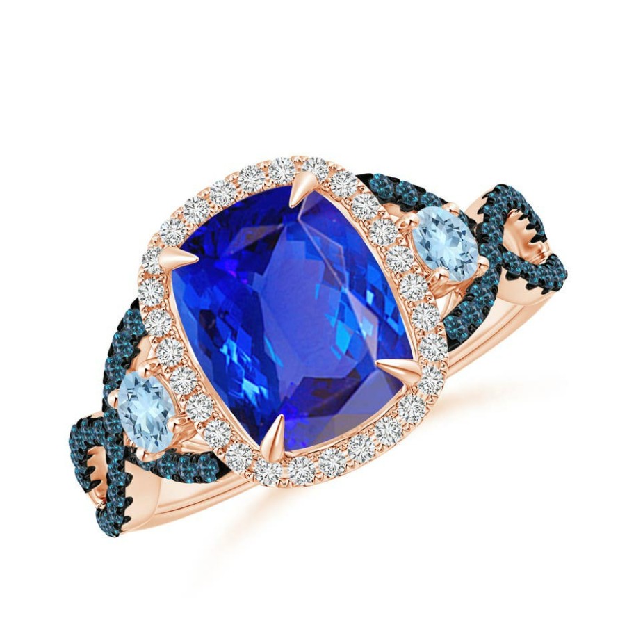 Rings Angara Tanzanite | Tanzanite And Aquamarine Crossover Ring With Diamond Halo