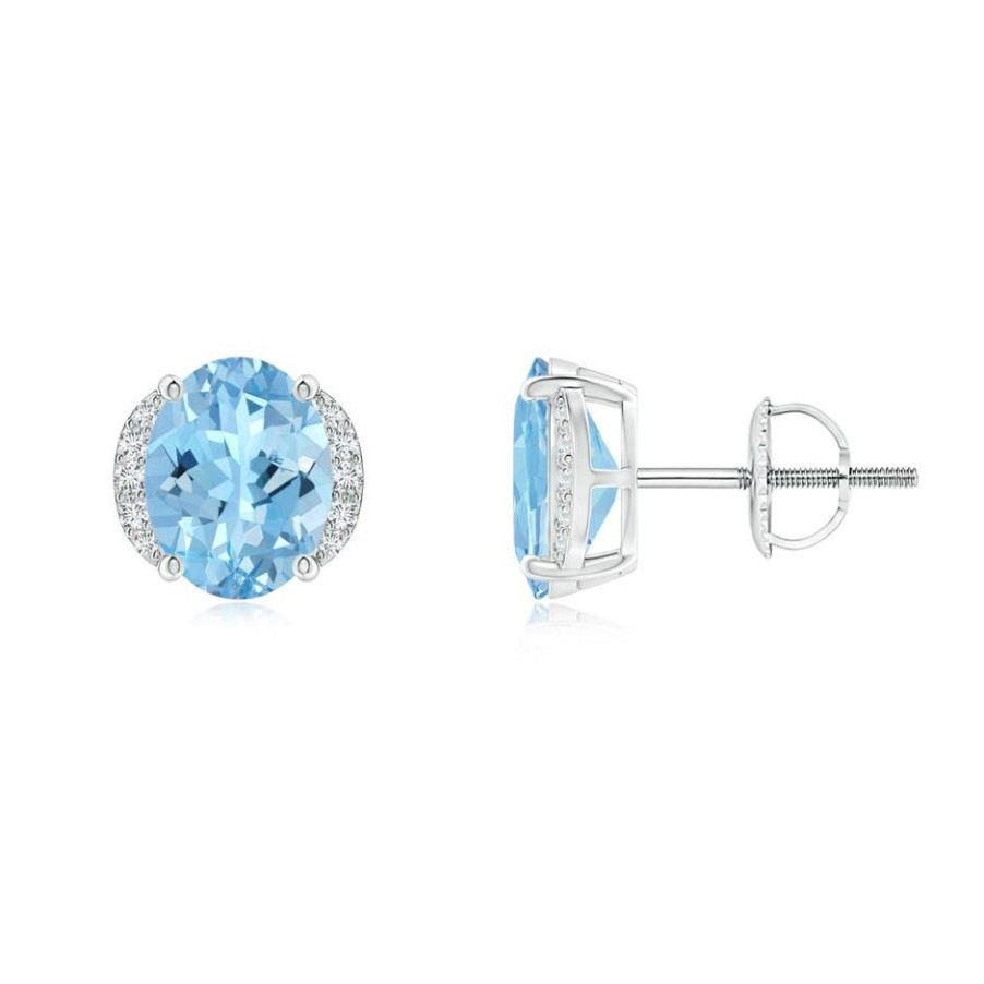 Earrings Angara Aquamarine | Oval Aquamarine Half Halo Stud Earrings