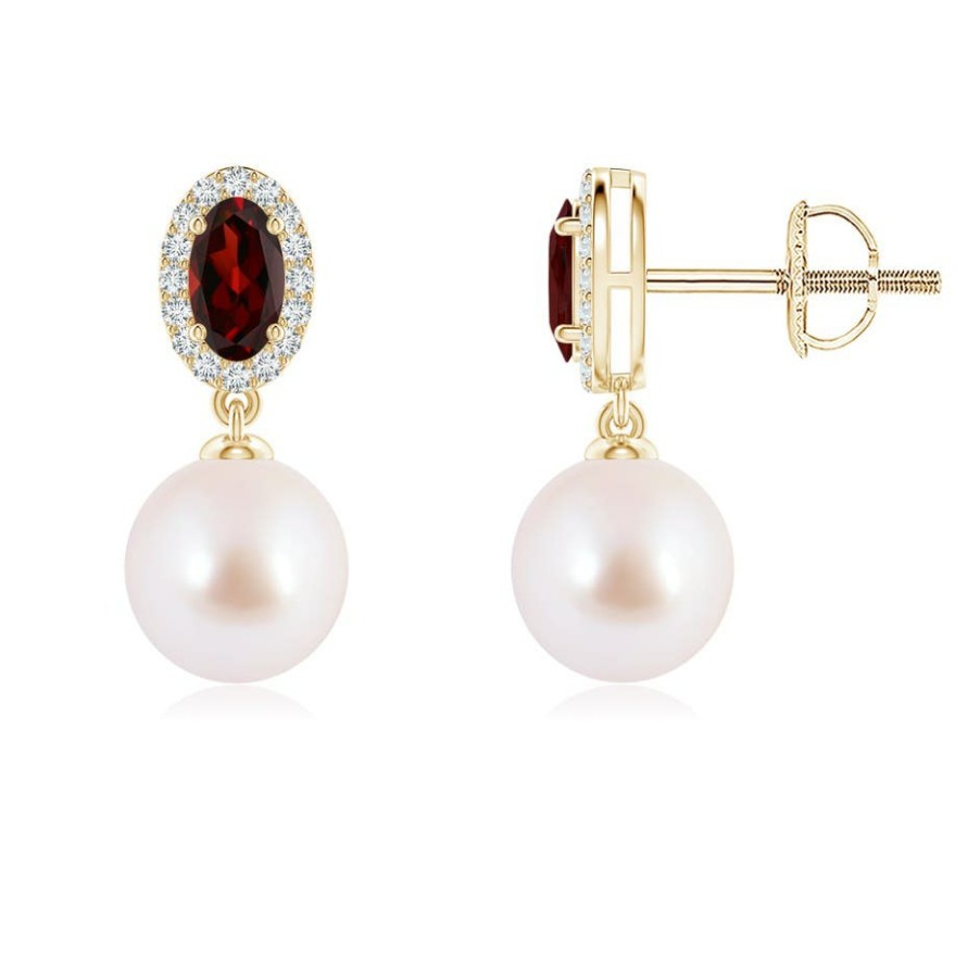 Earrings Angara Akoya Pearl | Japanese Akoya Pearl Halo Earrings With Oval Garnet