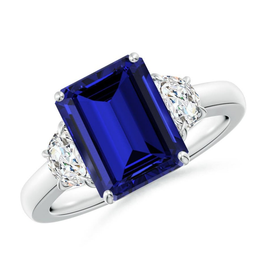 Rings Angara Blue Sapphire | Lab-Grown Emerald-Cut Blue Sapphire And Half Moon Lab Diamond Three Stone Ring