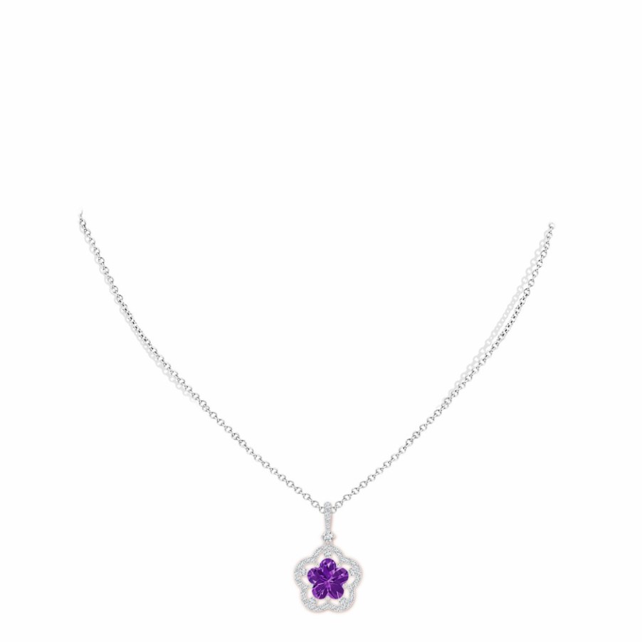 Necklaces Angara Amethyst | Five-Petal Flower Amethyst And Diamond Halo Pendant