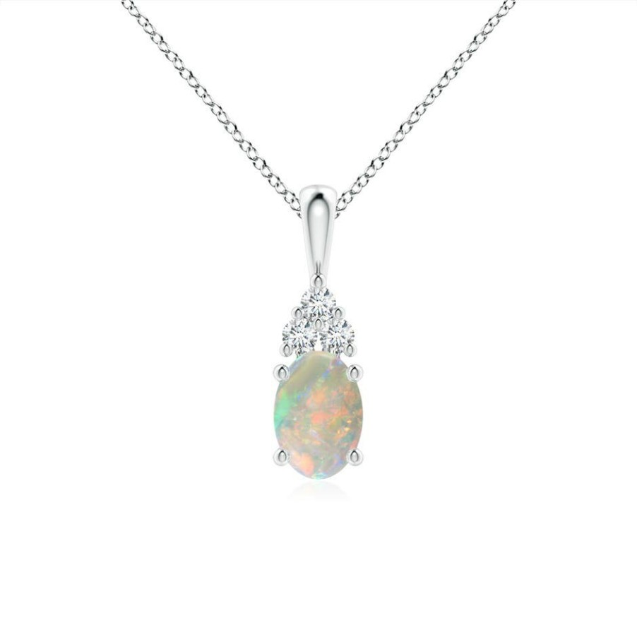 Necklaces Angara Opal | Oval Opal Solitaire Pendant With Trio Diamond