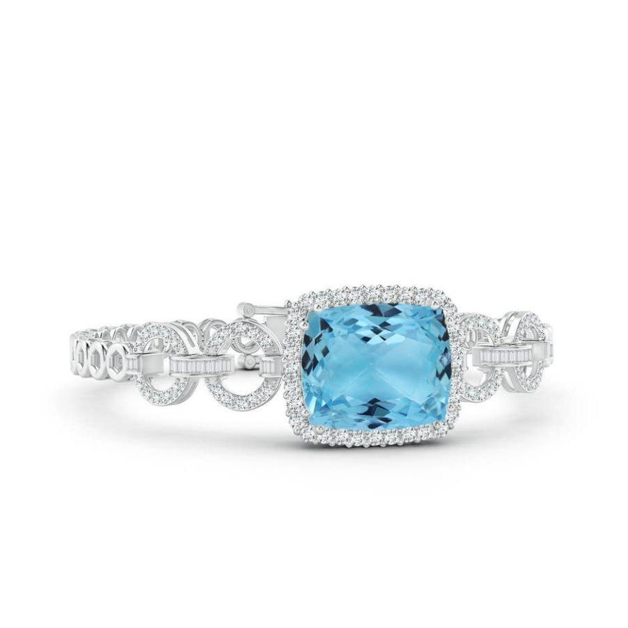 Bracelets Angara Aquamarine | Gia Certified Rectangular Cushion Aquamarine Multi-Link Bracelet With Halo