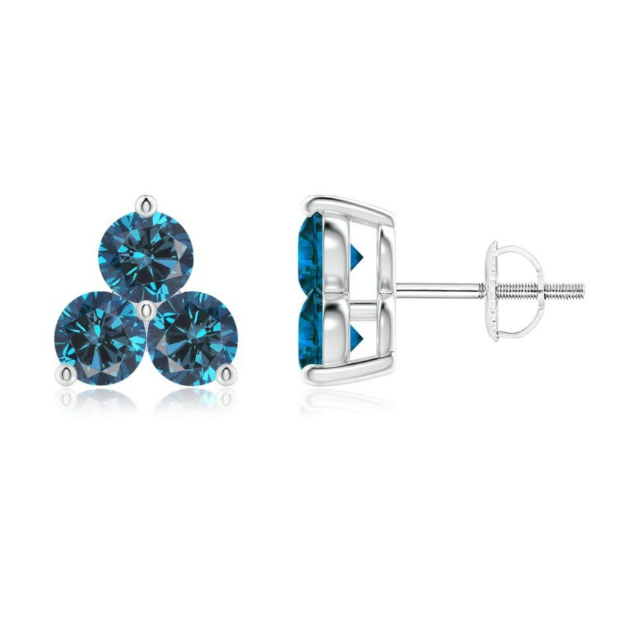 Earrings Angara Enhanced Blue | Round Blue Diamond Three Stone Stud Earrings