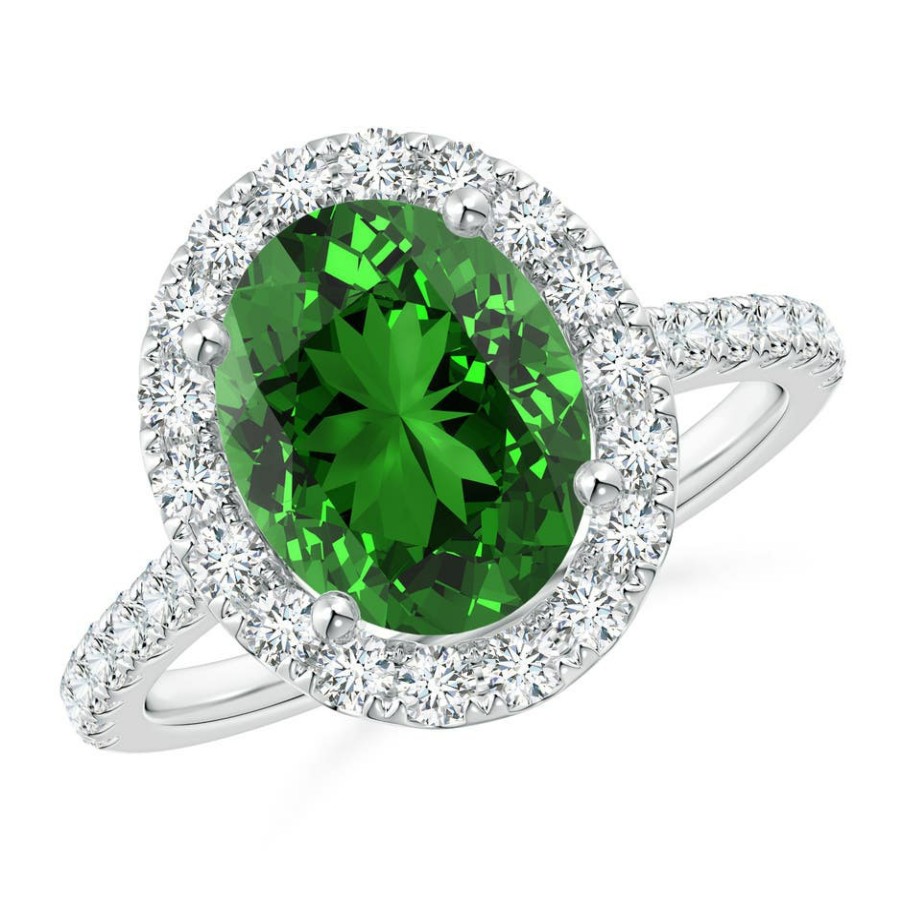 Rings Angara Emerald | Lab-Grown Oval Emerald Halo Ring With Lab Diamond Accents