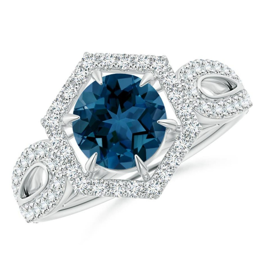 Rings Angara London Blue Topaz | London Blue Topaz Split Shank Ring With Diamond Hexagon Halo