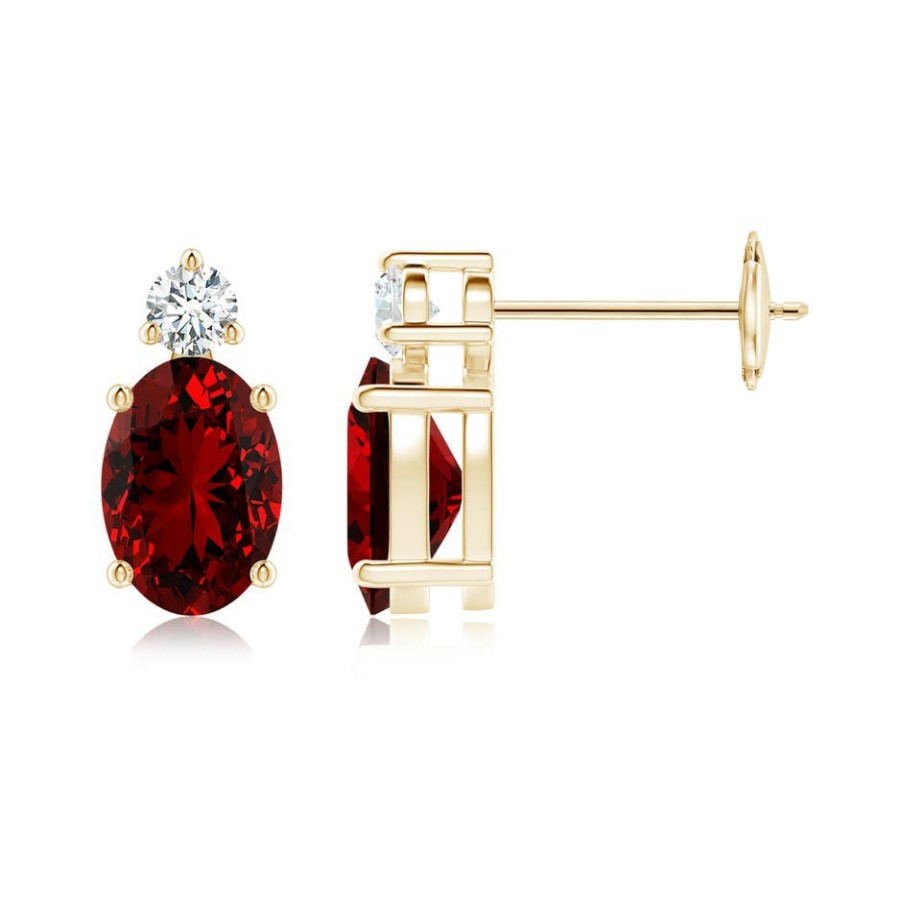 Earrings Angara Ruby | Lab-Grown Basket-Set Oval Ruby Stud Earrings With Lab Diamond