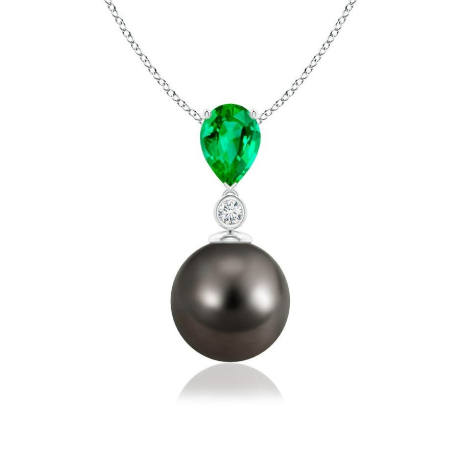 Necklaces Angara Tahitian Pearl | Tahitian Pearl & Pear Emerald Drop Pendant