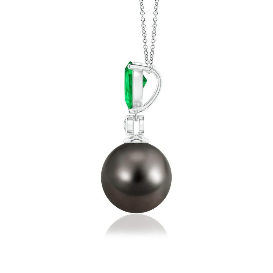 Necklaces Angara Tahitian Pearl | Tahitian Pearl & Pear Emerald Drop Pendant