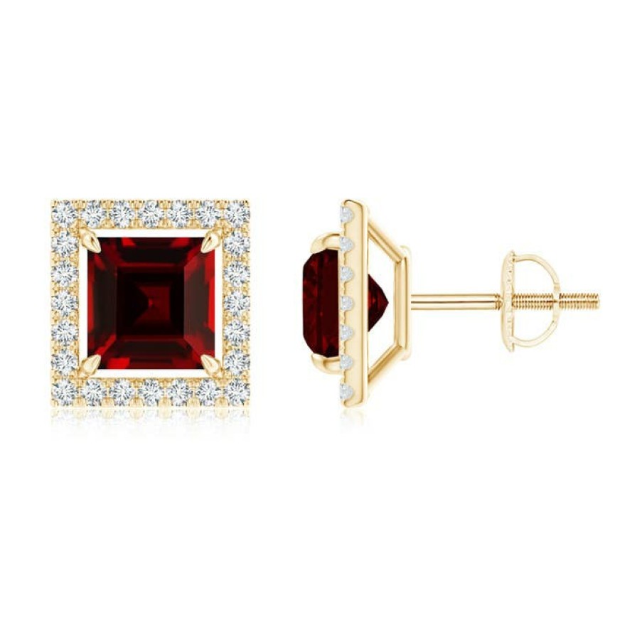 Earrings Angara Garnet | Floating Square Garnet And Diamond Halo Stud Earrings