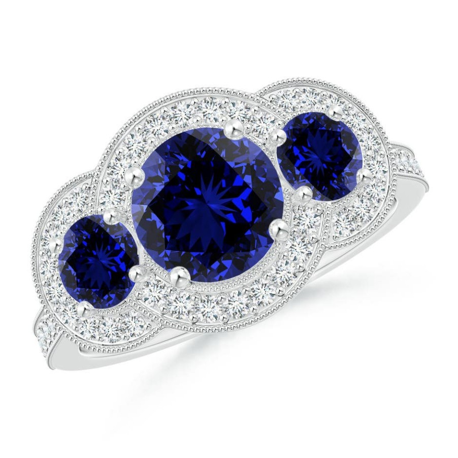 Rings Angara Blue Sapphire | Lab-Grown Aeon Vintage Inspired Blue Sapphire Halo Three Stone Engagement Ring With Milgrain