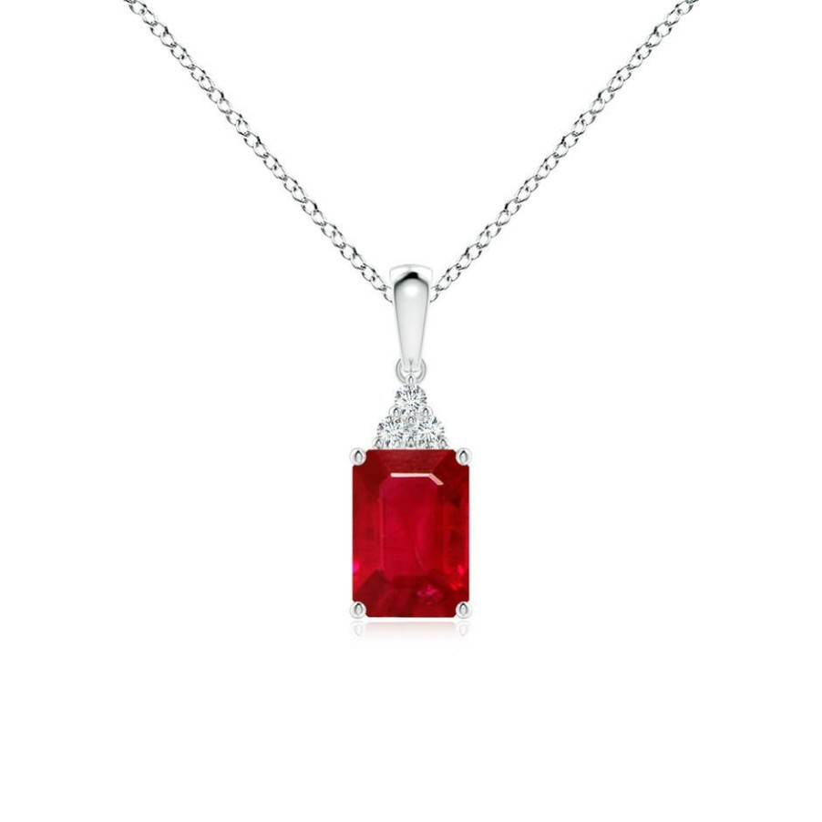 Necklaces Angara Ruby | Emerald-Cut Ruby Pendant With Diamond Trio