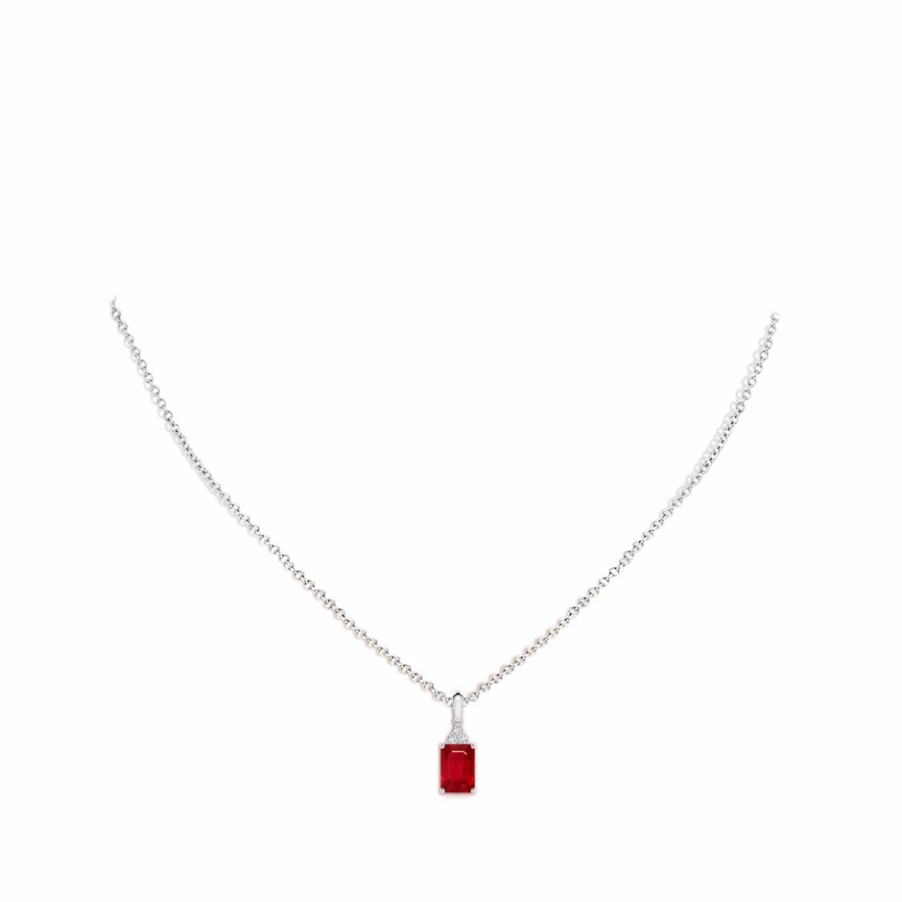 Necklaces Angara Ruby | Emerald-Cut Ruby Pendant With Diamond Trio