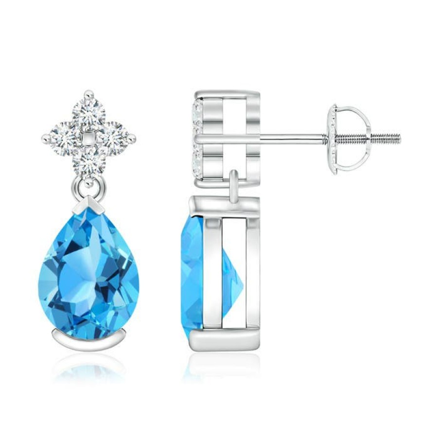 Earrings Angara Swiss Blue Topaz | Pear-Shaped Swiss Blue Topaz Earrings With Diamonds