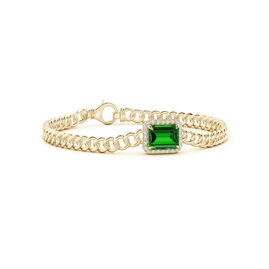 Bracelets Angara Emerald | Lab-Grown Emerald-Cut Emerald Bracelet With Lab Diamond Halo