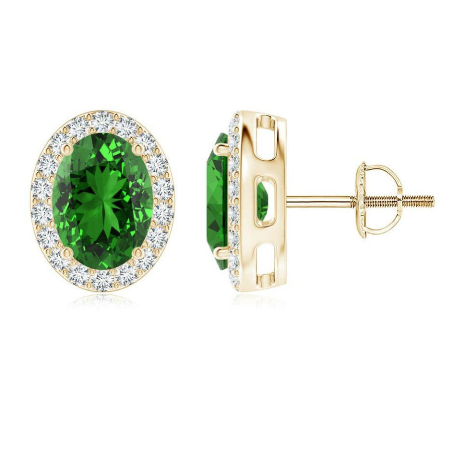 Earrings Angara Emerald | Lab-Grown Oval Emerald Studs With Lab Diamond Halo