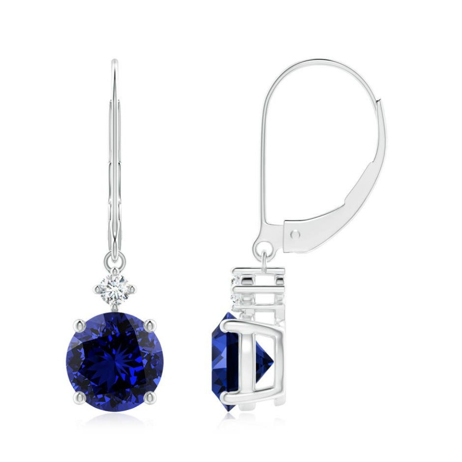 Earrings Angara Blue Sapphire | Lab-Grown Solitaire Blue Sapphire Dangle Earrings With Diamond