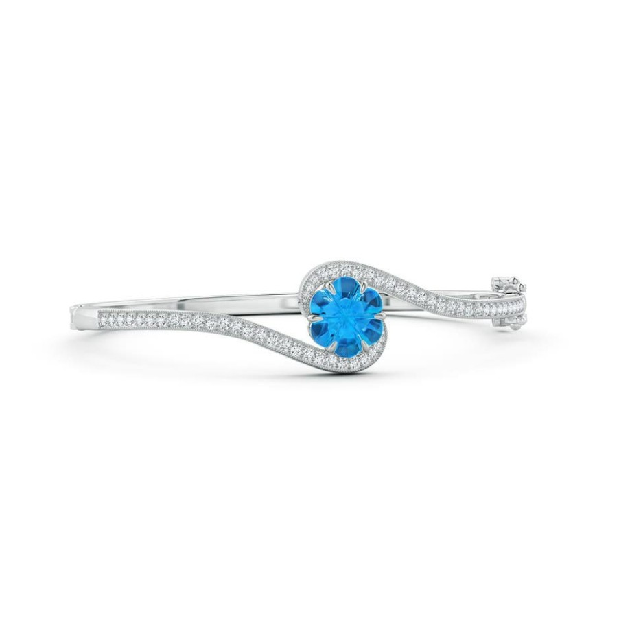 Bracelets Angara Swiss Blue Topaz | Six-Petal Swiss Blue Topaz Flower Bypass Bangle Bracelet