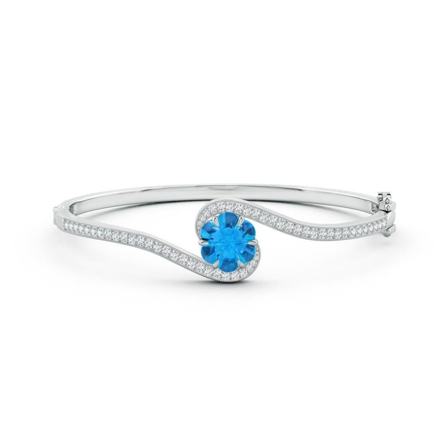 Bracelets Angara Swiss Blue Topaz | Six-Petal Swiss Blue Topaz Flower Bypass Bangle Bracelet