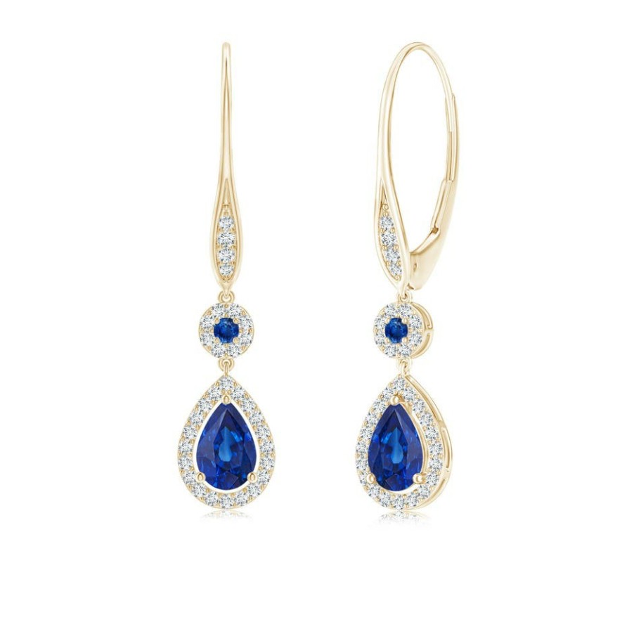 Earrings Angara Blue Sapphire | Round And Pear Sapphire Halo Leverback Earrings