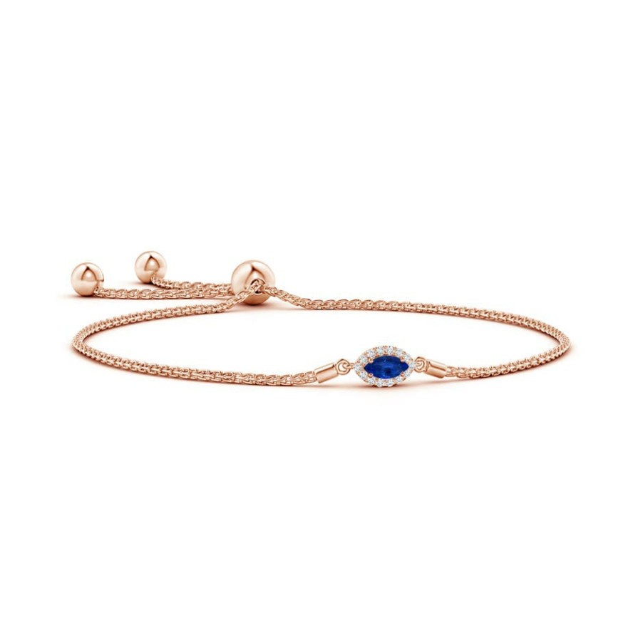 Bracelets Angara Blue Sapphire | East-West Marquise Sapphire Bolo Bracelet With Halo