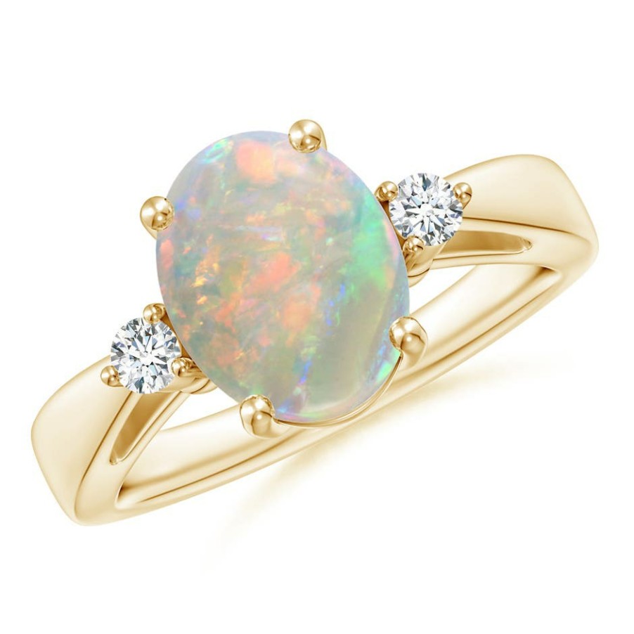 Rings Angara Opal | Tapered Shank Opal Solitaire Ring With Diamond Accents