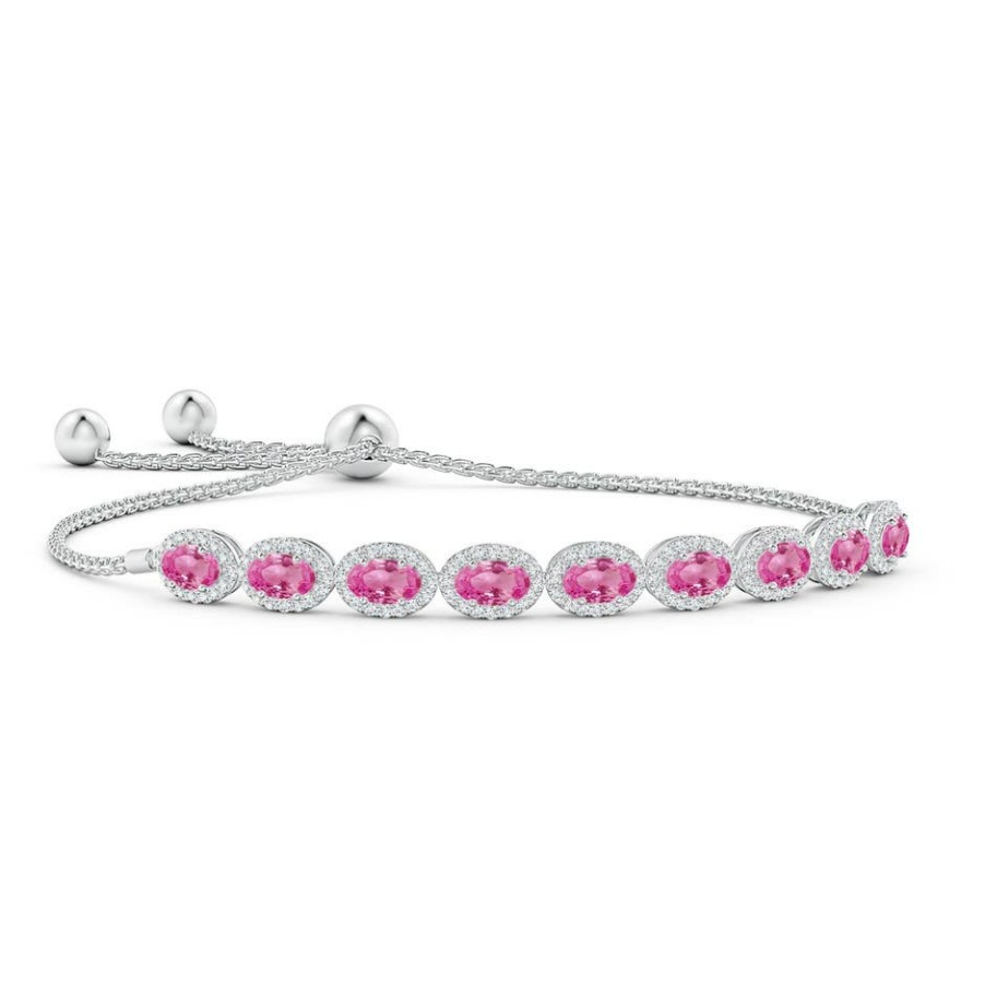 Bracelets Angara Pink Sapphire | Oval Pink Sapphire Bolo Bracelet With Diamond Halo