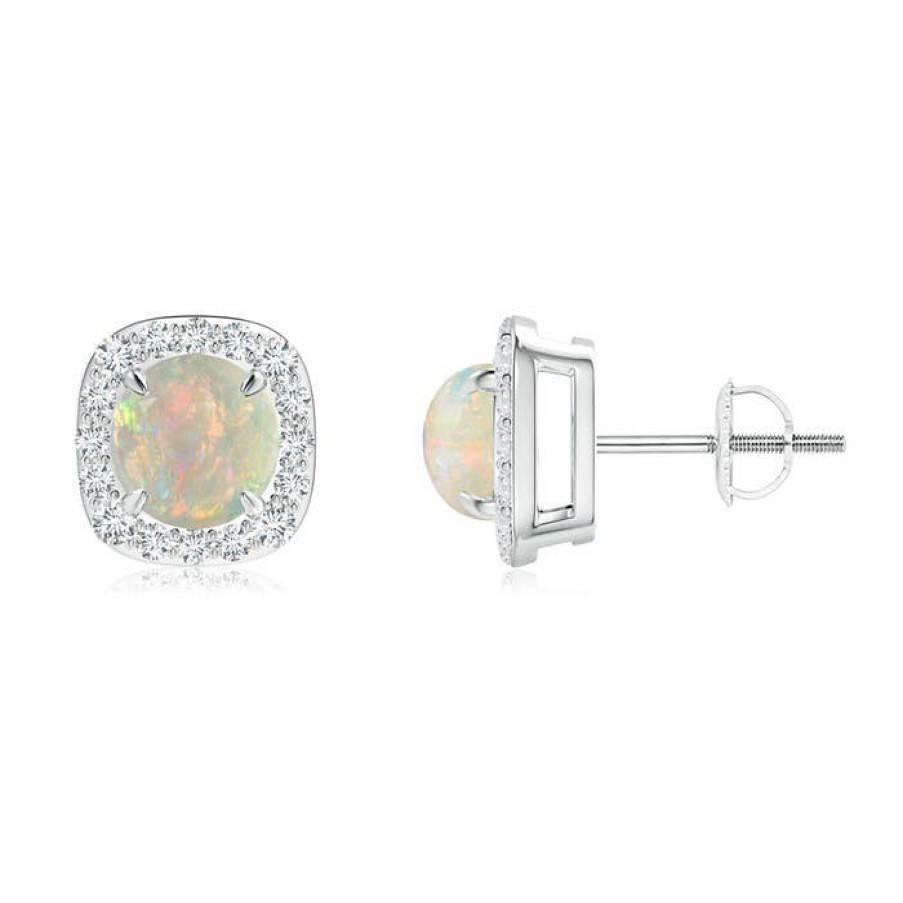 Earrings Angara Opal | Claw-Set Cabochon Opal And Diamond Cushion Halo Earrings