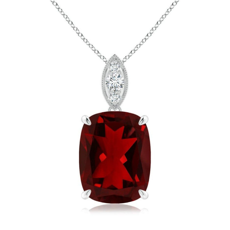 Necklaces Angara Garnet | Cushion Garnet Pendant With Diamond Leaf Bale