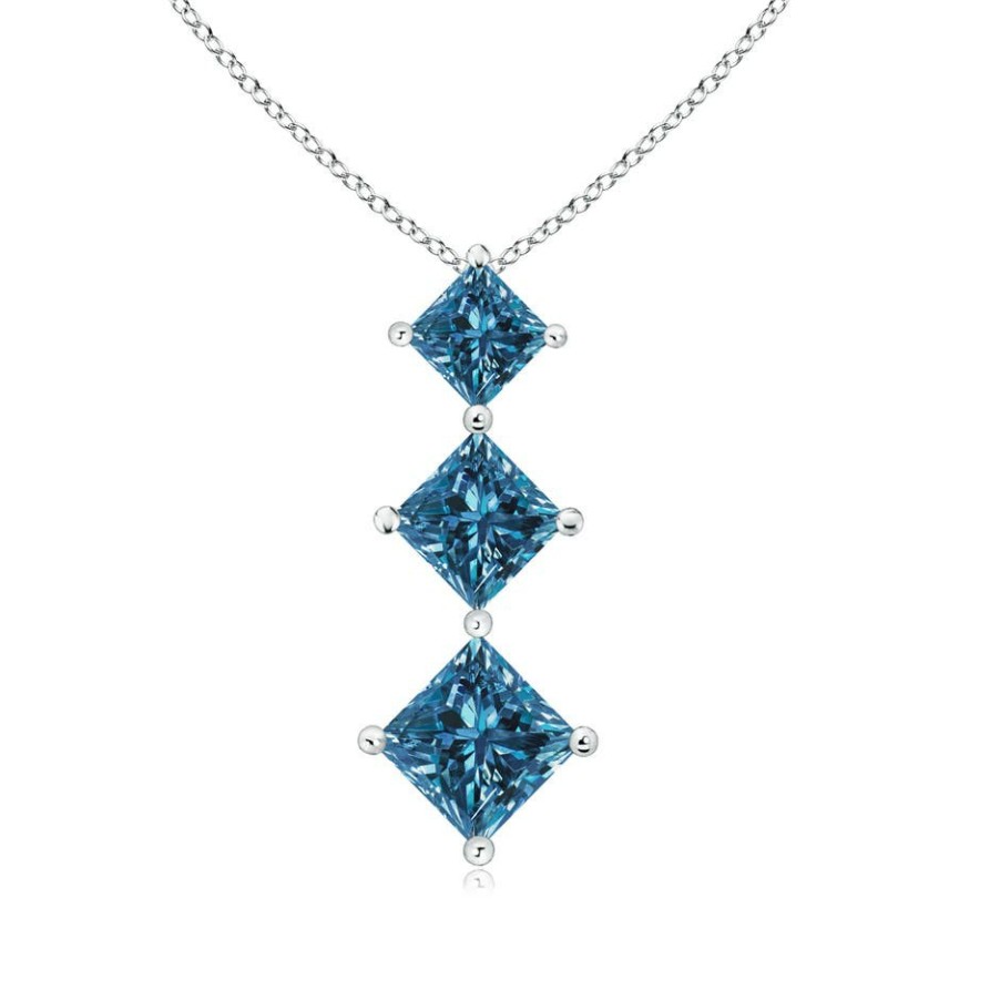 Necklaces Angara Enhanced Blue | Princess-Cut Blue Diamond Three Stone Pendant